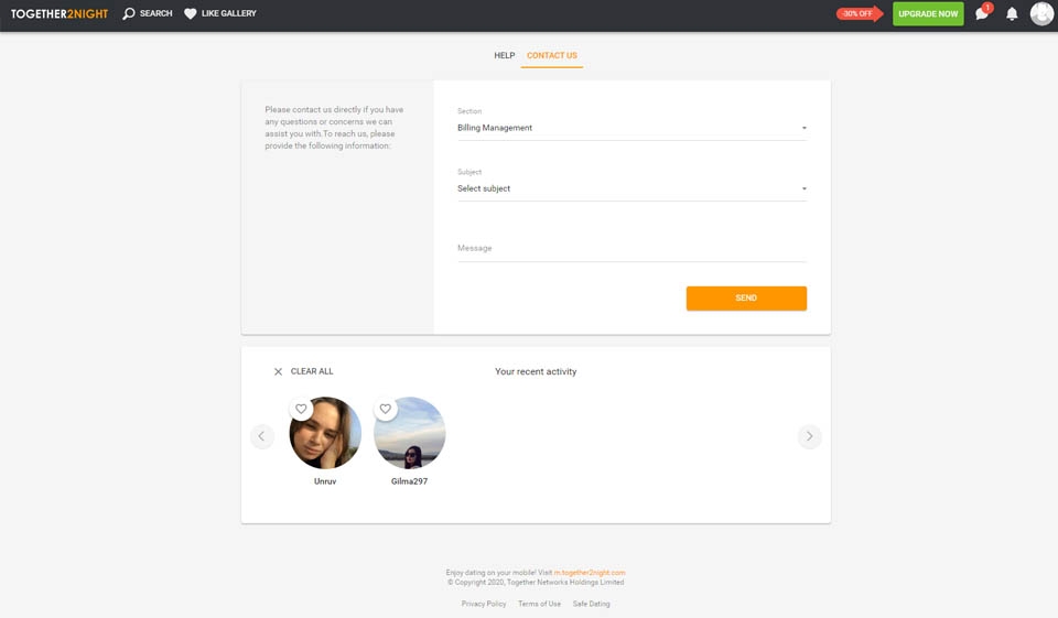 Buscar conexión en Together2Night
